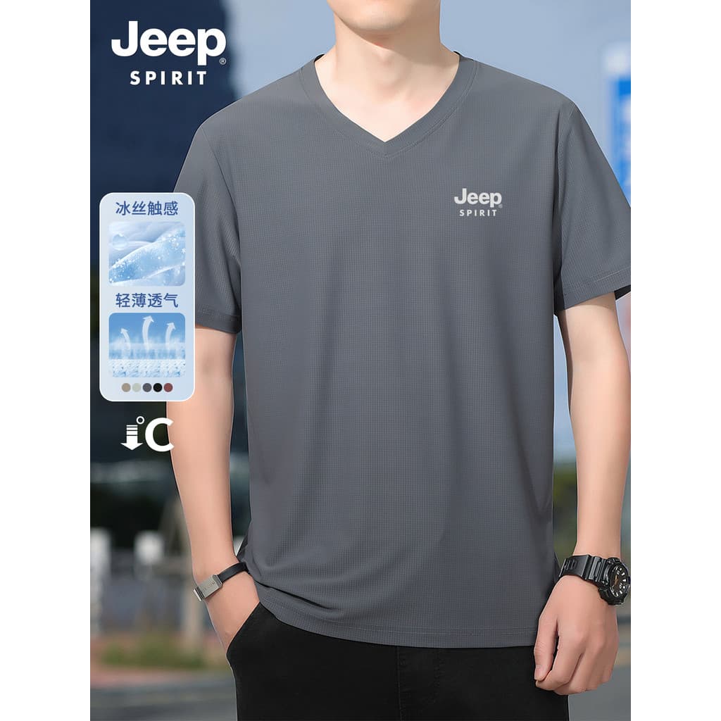 Jeep com decote em v camiseta de manga curta masculina 2026 novo estilo verão gelo seda luz respirável solto pulôver Cas
