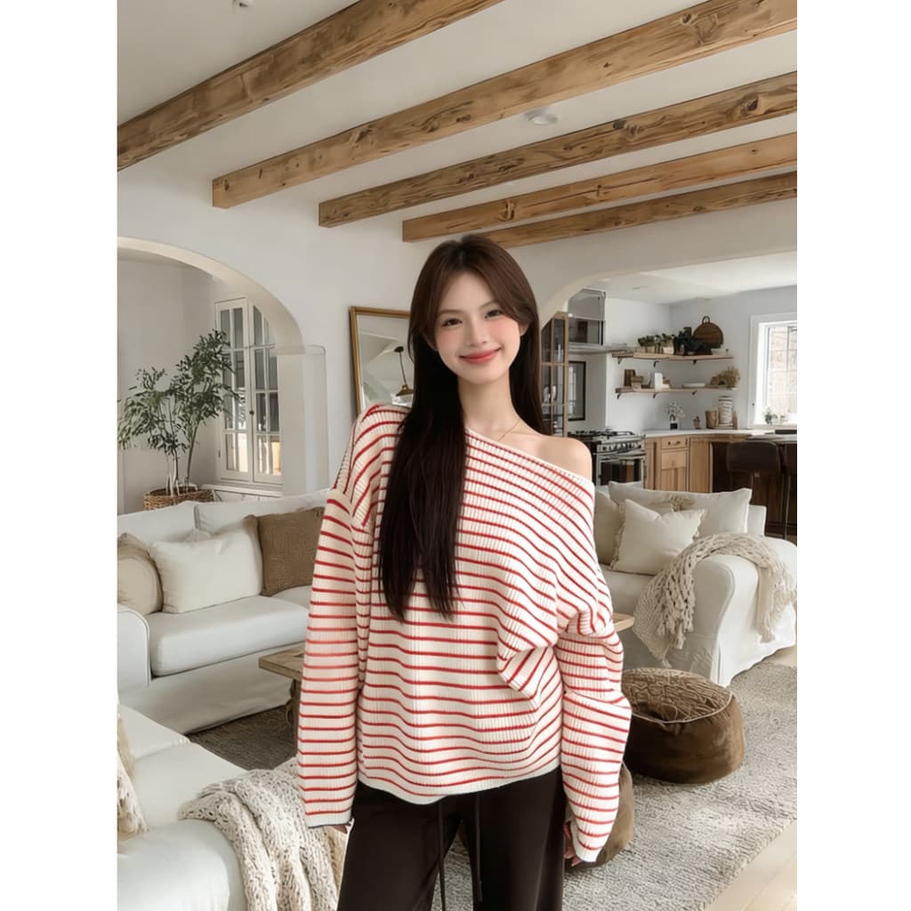 Estilo preguiçoso vermelho branco listras Diagonal ombro de manga comprida camisola interna feminina primavera outono so