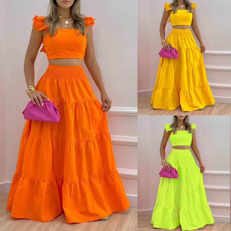 Casual cor sólida costura estilingue saia terno feminino verão