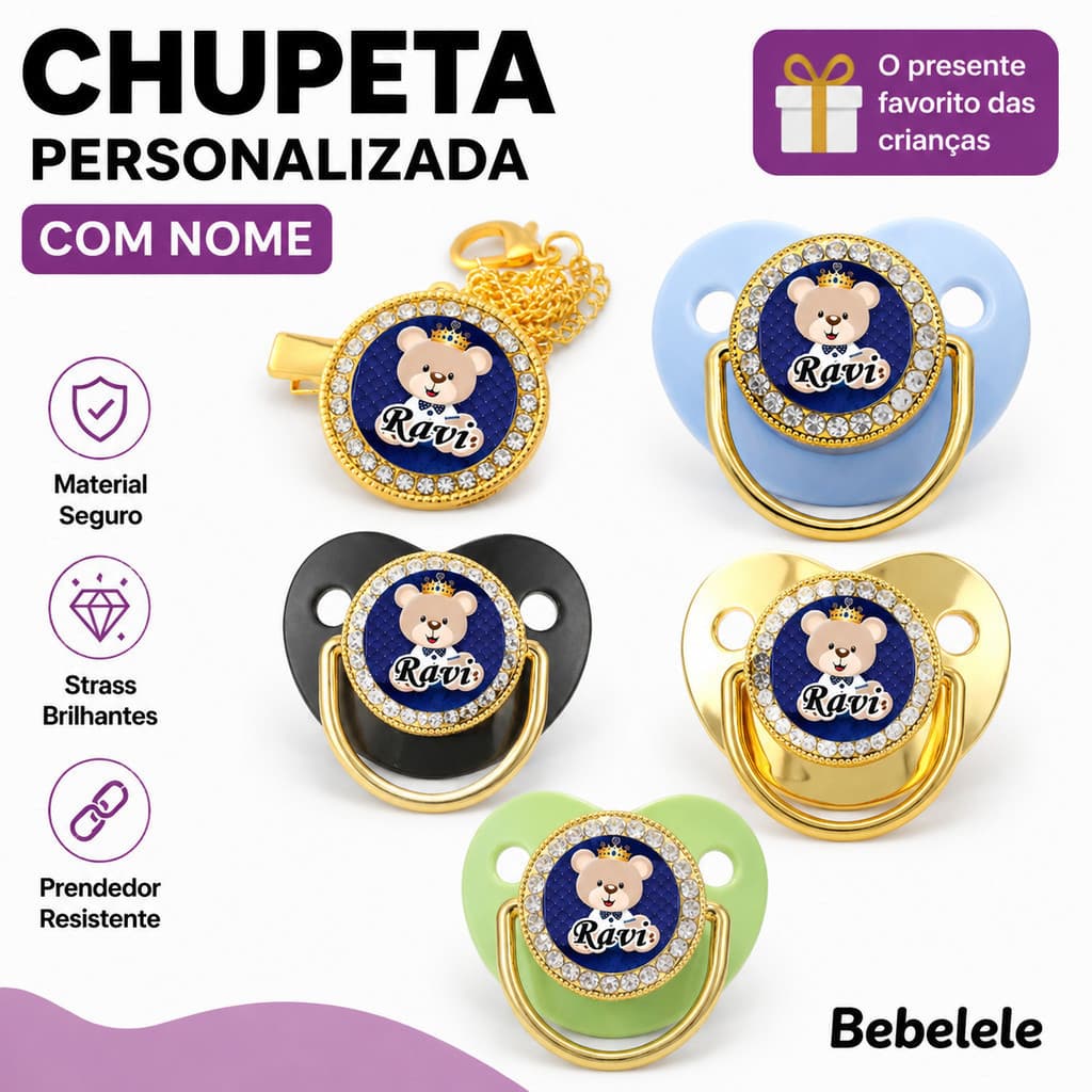 Chupeta de bebê em formato plano, incluindo prendedor de chupeta, personalizada, chupeta de bebê personalizada P