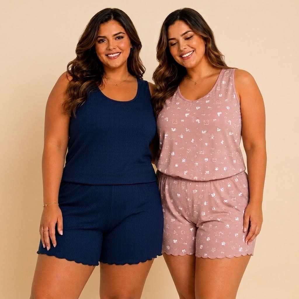 Pijama Plus Size Baby Doll Feminino Regata Suede Canelado Confortável Fresco