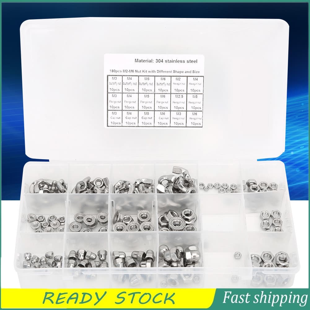 handytool.br 180 PCS Kit de porcas de aço inoxidável tampa de flange de asa hex M2 M2.5 M3 M4 M5 M6