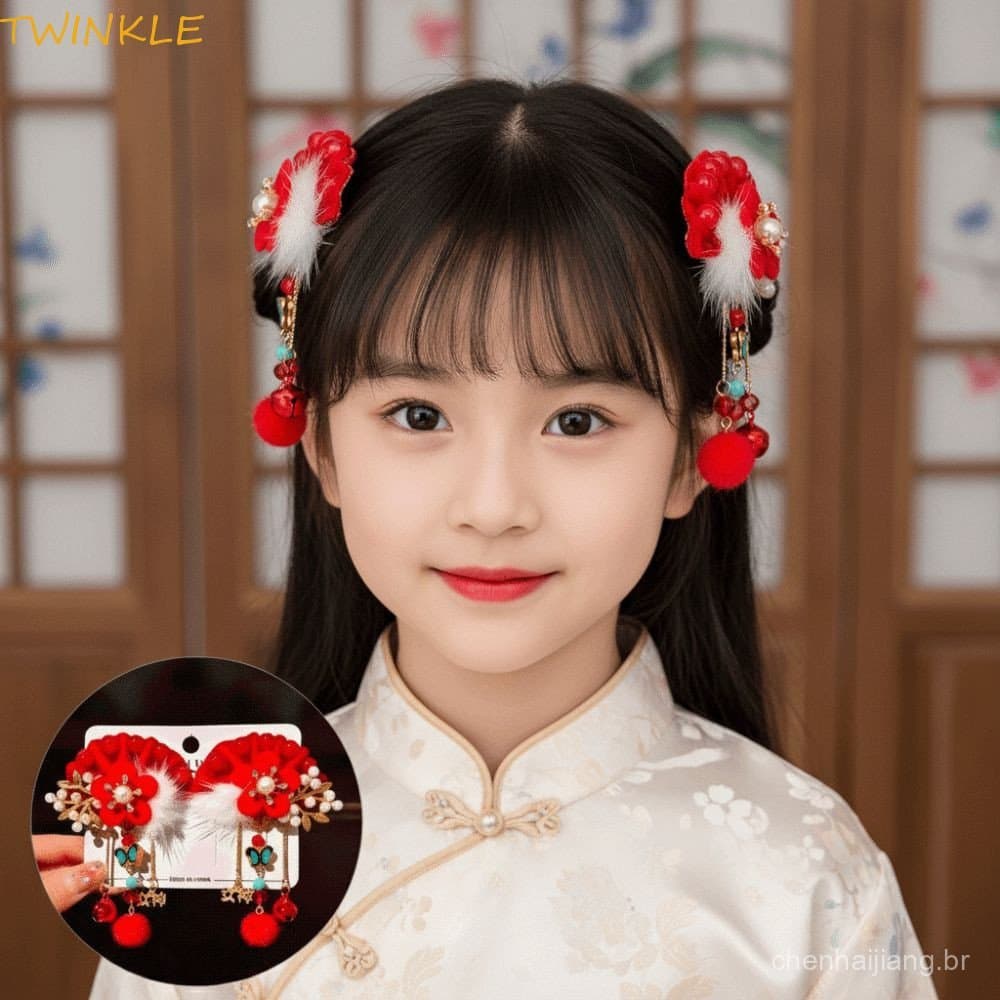 TWINKLEO 1 Par De Chapéus De Ano Novo , Grampos De Cabelo Vermelhos Hanfu Flor Estilo Chinês , Grampo Com Borla De Laço