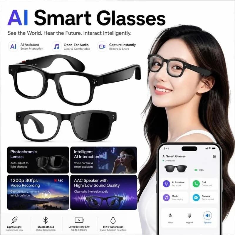 Óculos Inteligentes 2 Em 1 AI Tradução Tempo Real HD Foto Vídeo Voz Inteligente De Chamadas À Prova D'água