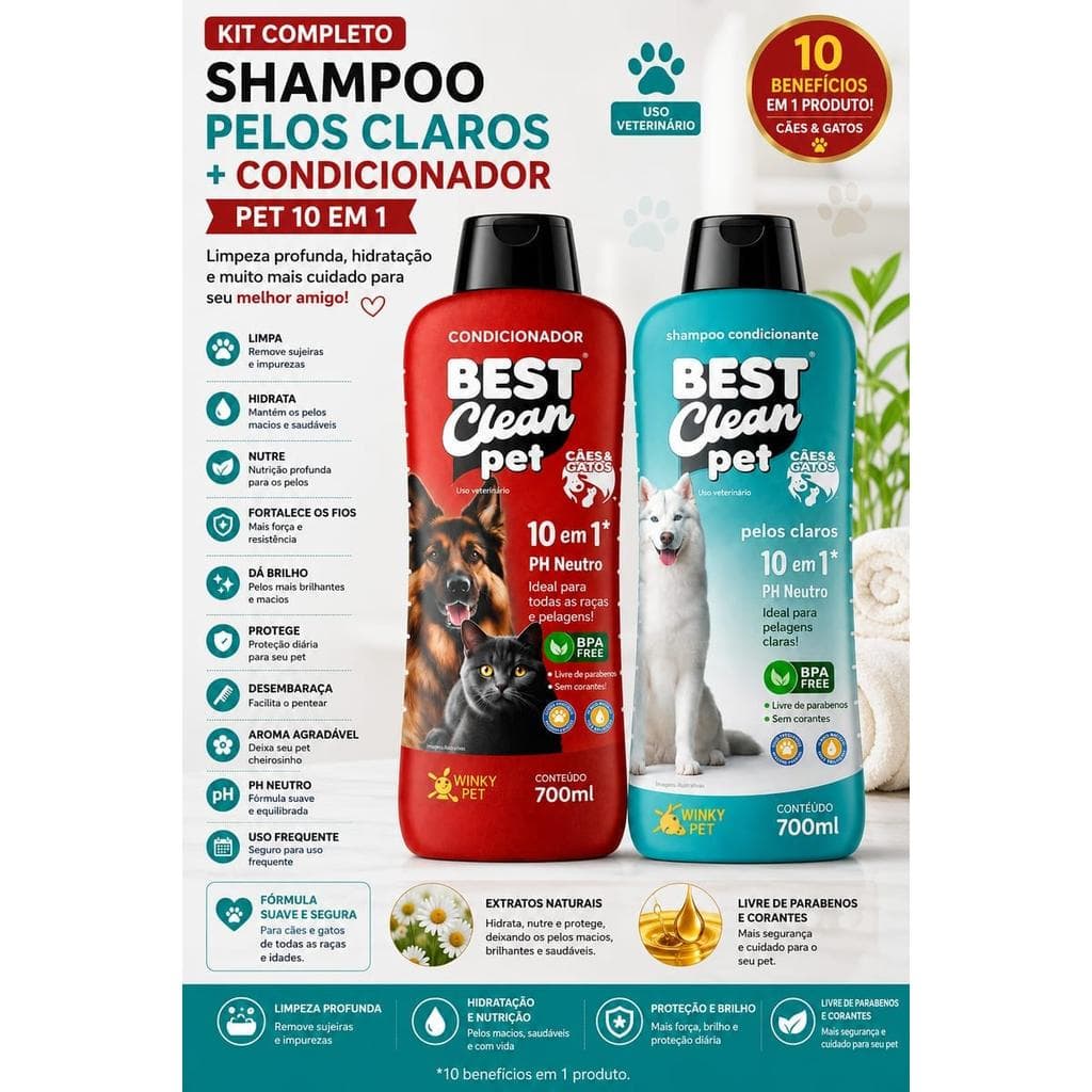 Kit Shampoo e Condicionador Pelos Claros Best Clean Pet 10 em 1 - 700ml cada, pH neutro, sem parabenos, para cães e gato