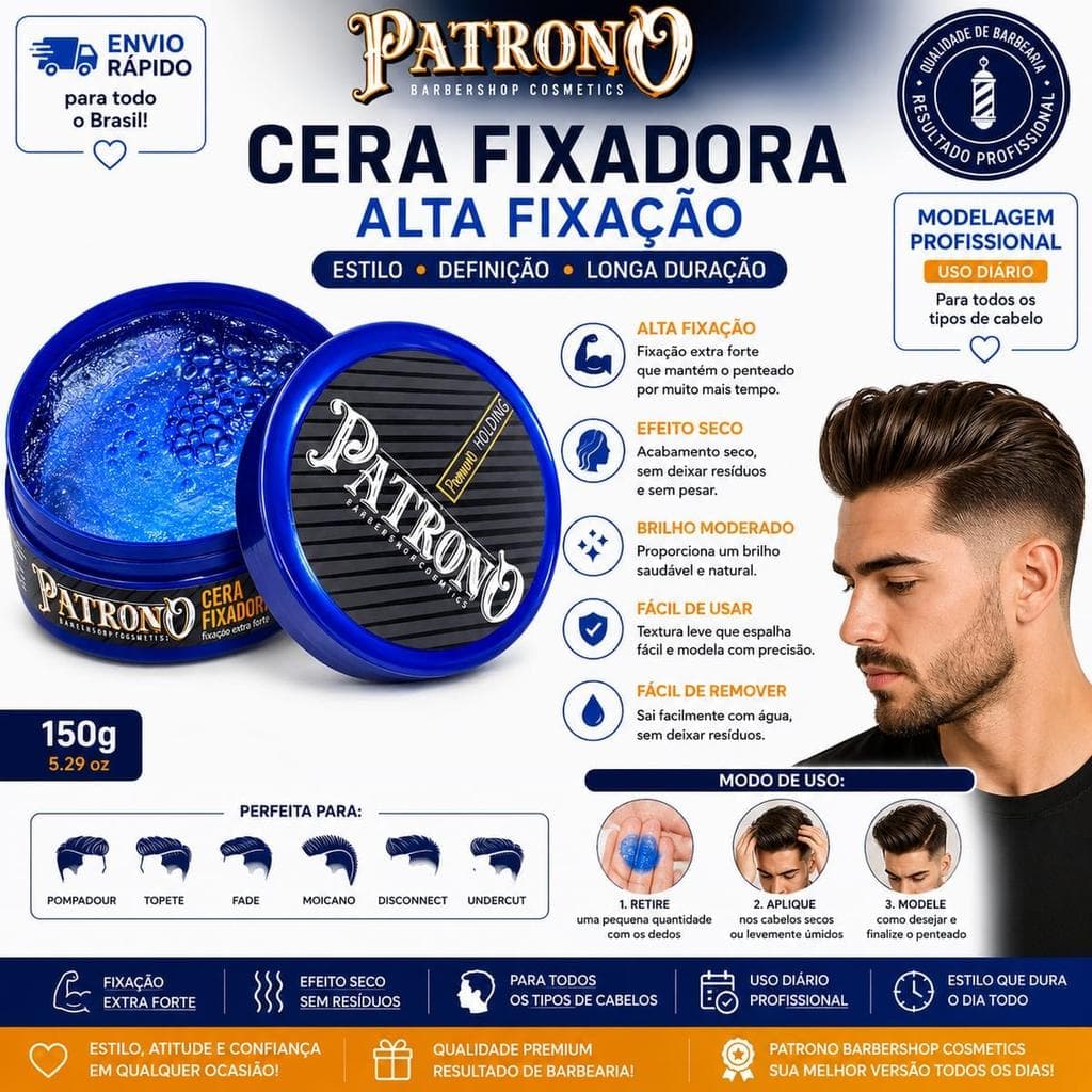 Cera Fixadora Patrono 150g Modeladora Capilar - Alta Fixação, Fácil Aplicação e Modelagem para Diversos Estilos