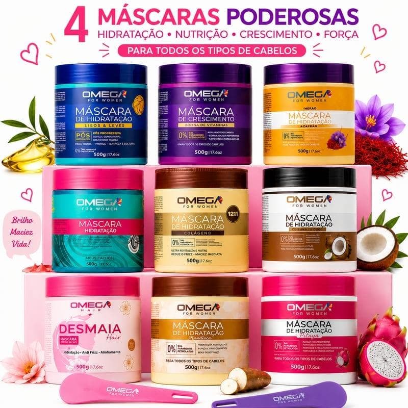 Kit 4 Máscaras Capilares Omega 500g - Hidratação e Tratamento Sortidas (envio sortido)