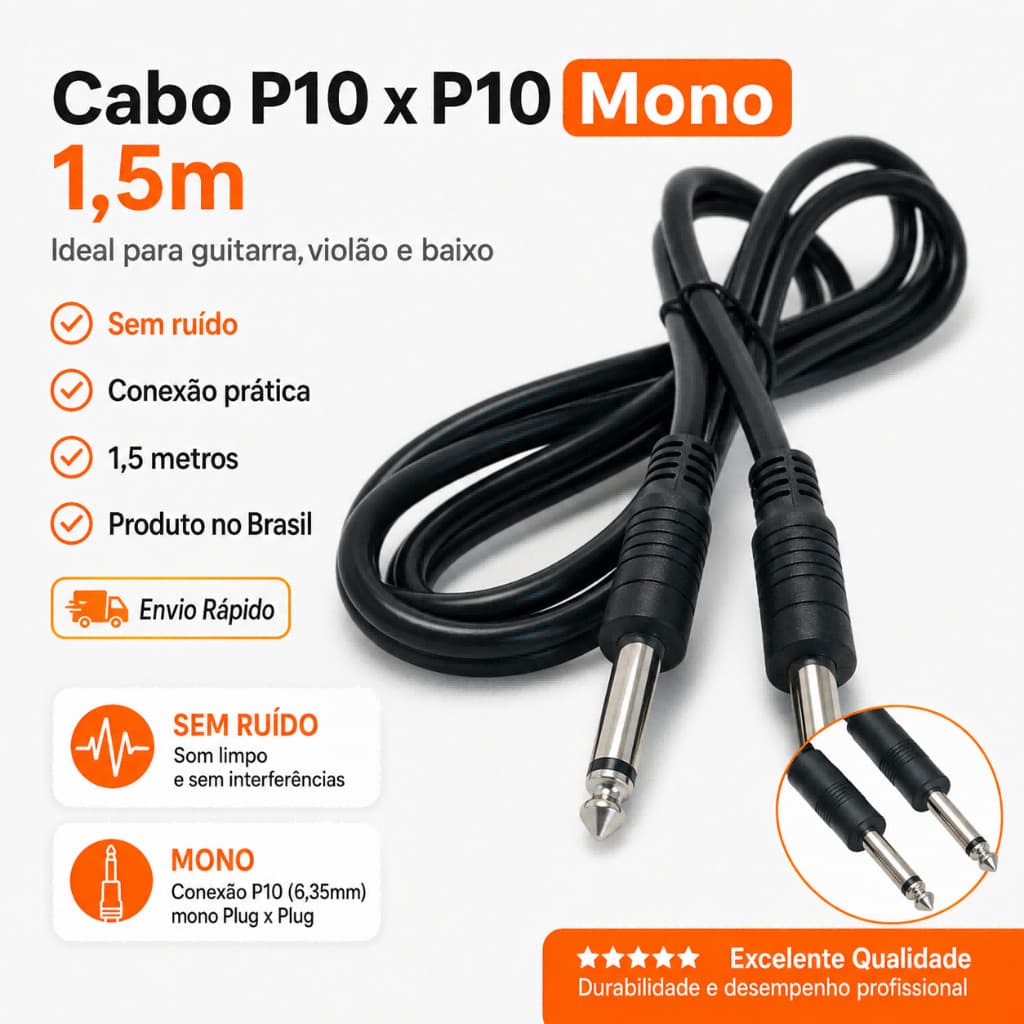 Cabo P10 x P10 Mono Sem Ruído Para Guitarra Violão Baixo Grasep 1,5 metro