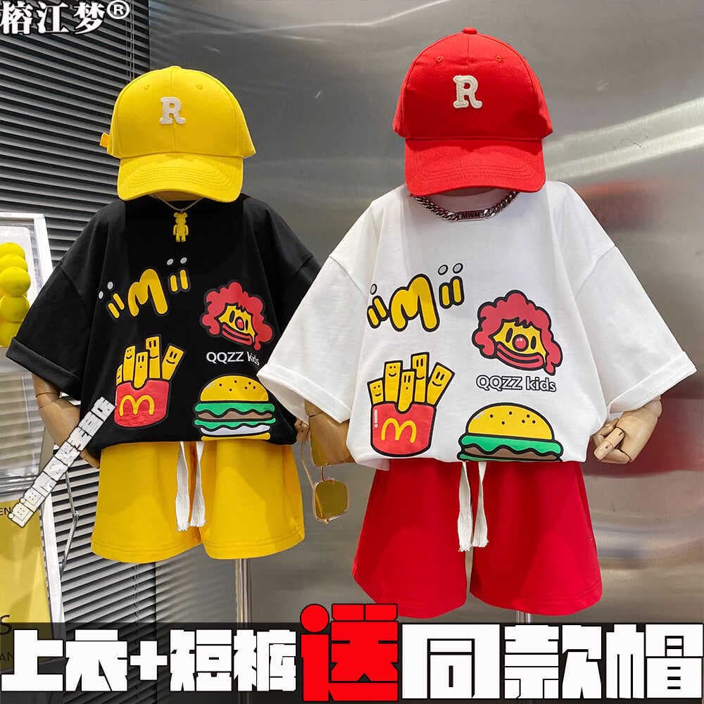 Ternos infantis estilo americano Spoof hambúrgueres exclusivos meninos meninas camisetas Shorts de manga curta roupas de