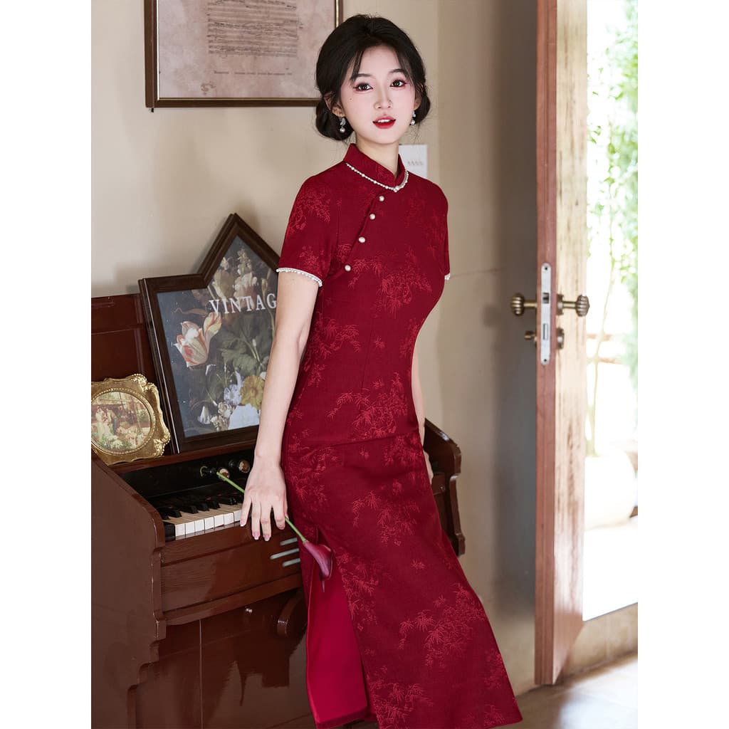 Vermelho Cheongsam teste livre brinde vestido 2026 novo estilo vestido de casamento chinês vestido de noivado estilo lon