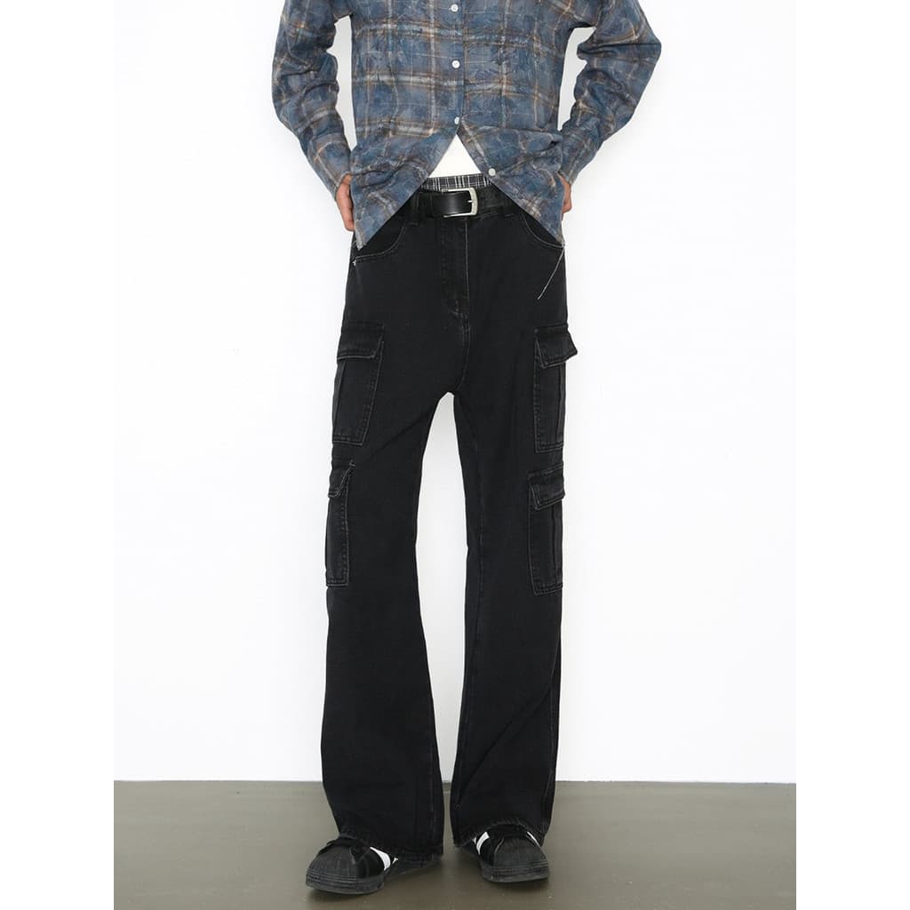Americano na moda All-Match High Street lavado macacão Jeans masculino Retro perna larga Multi-bolso Loo