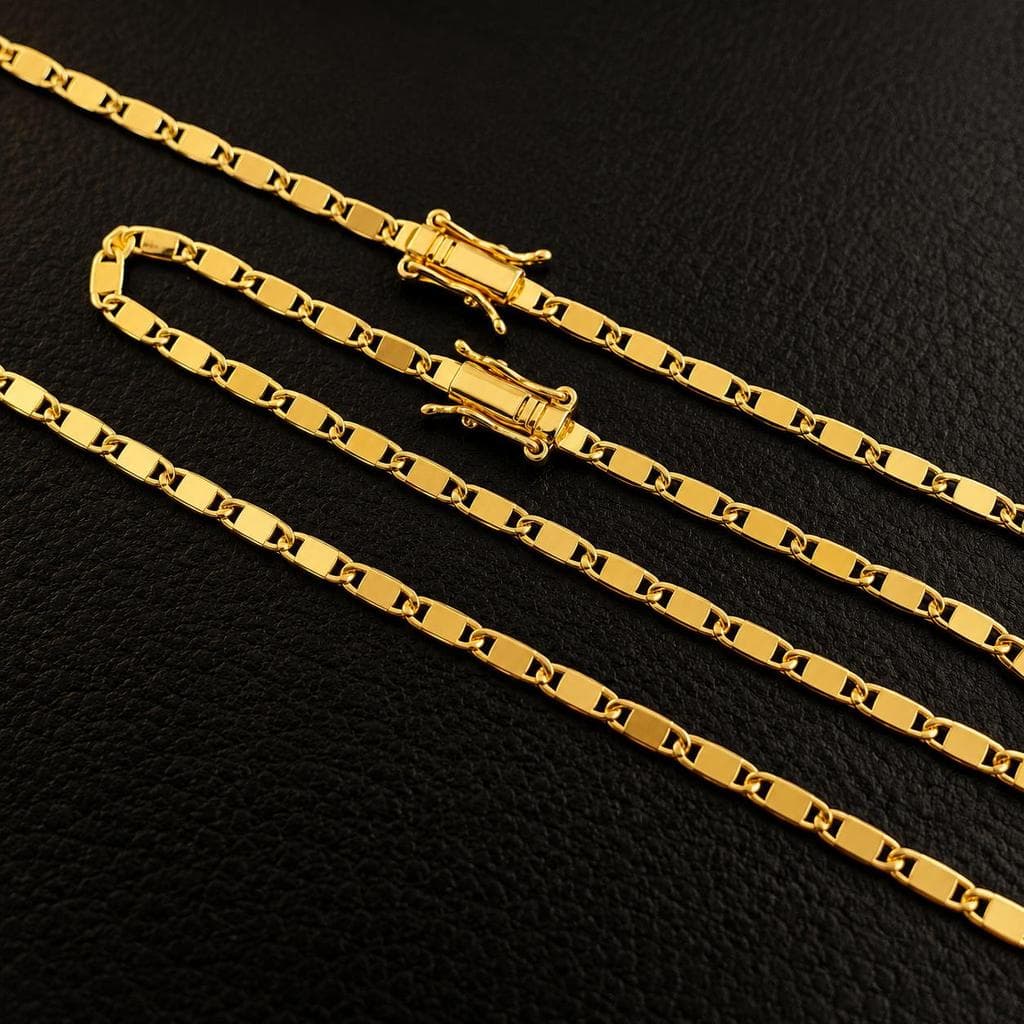 Corrente Masculina Piastrine 3mm 70cm Com Pulseira Banhados a Ouro