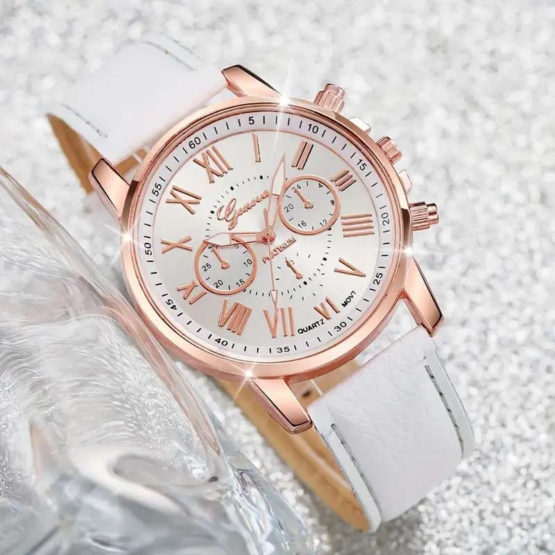 Relógio feminino popular com pulseira de couro, relógio de quartzo Geneva, relógio feminino elegante com marcações de nú