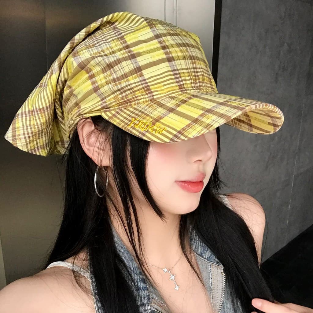 Estilo coreano amarelo xadrez atado lenço chapéu senhoras verão estilo fino pequeno rosto ao ar livre protetor solar bon