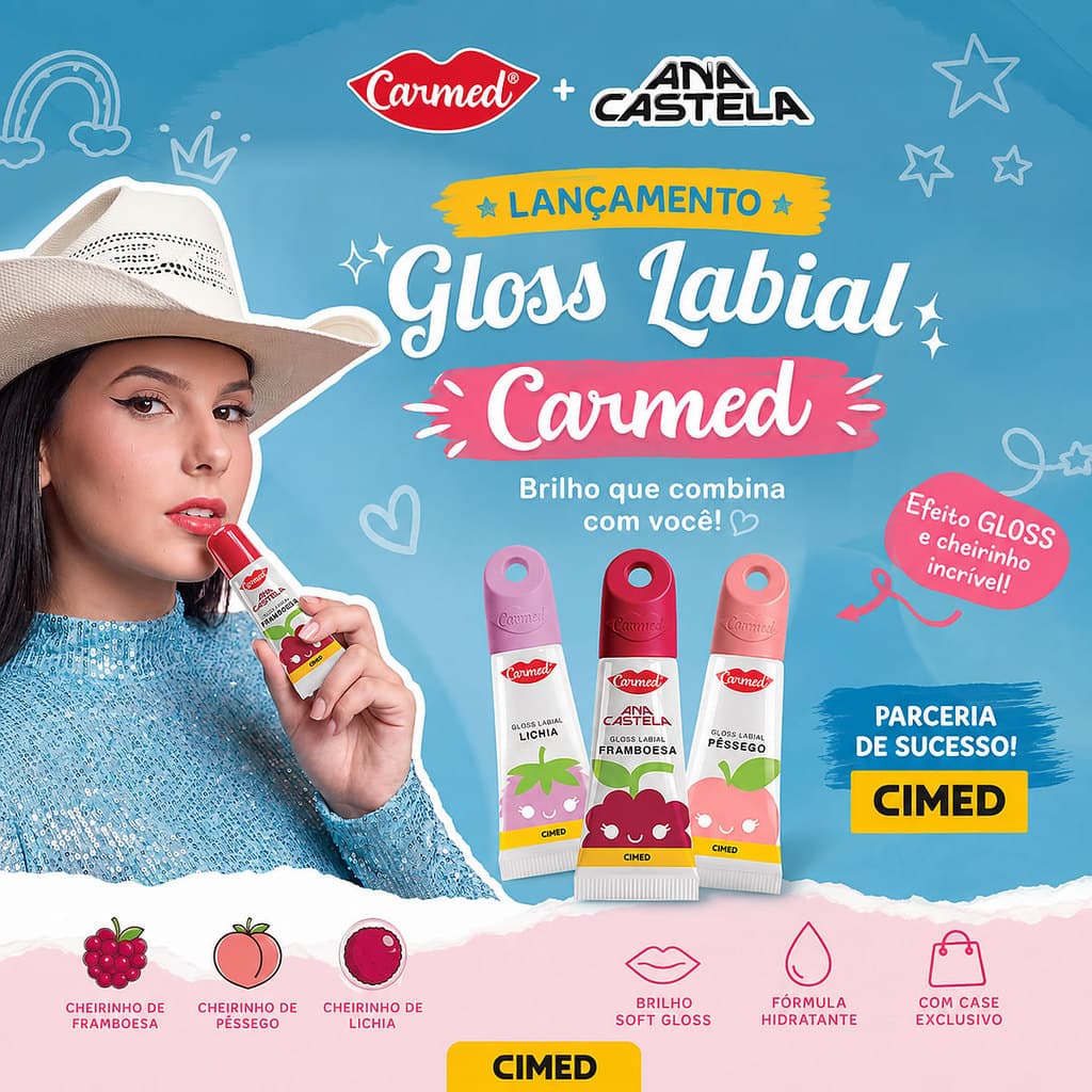 Lançamento Gloss Labial Carmed Ana Castela Framboesa, Pêssego e Lichia 5g