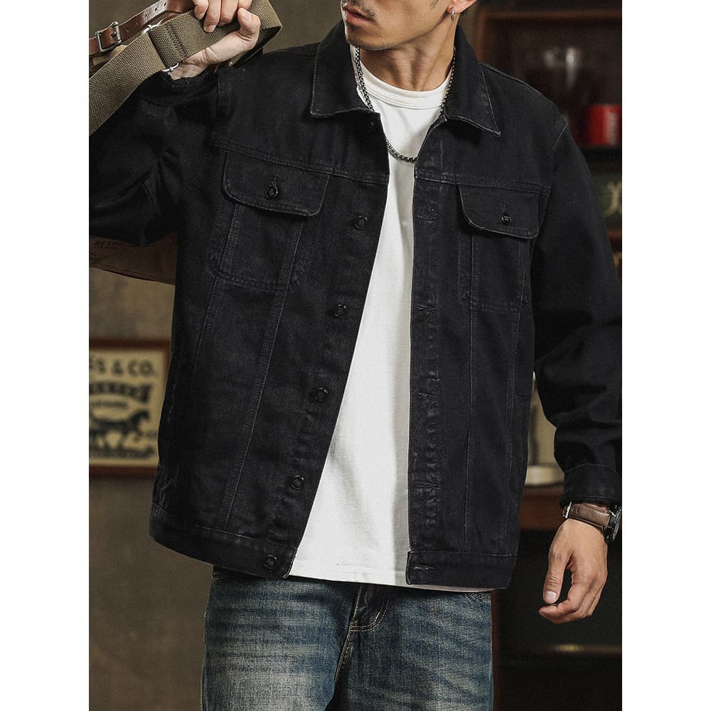 Jaqueta jeans preta masculina 2026 primavera novo estilo retrô lavado jaqueta Cargo primavera outono jaqueta jeans solta