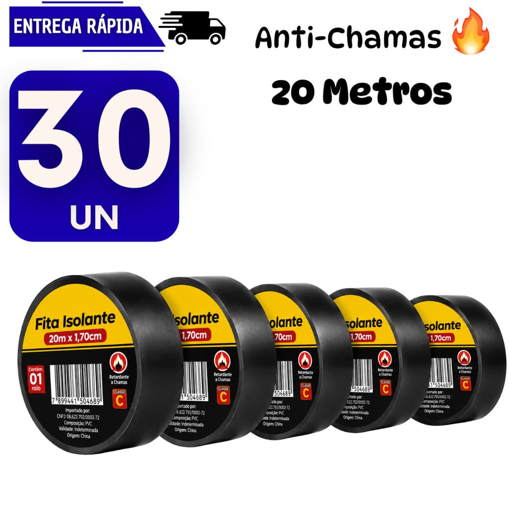 Kit 30 Fita Isolante Preta 20 metros Anti Chamas Instalação Elétrica Alta Resistente Fitas Fio Fogo Cabos Manutenção