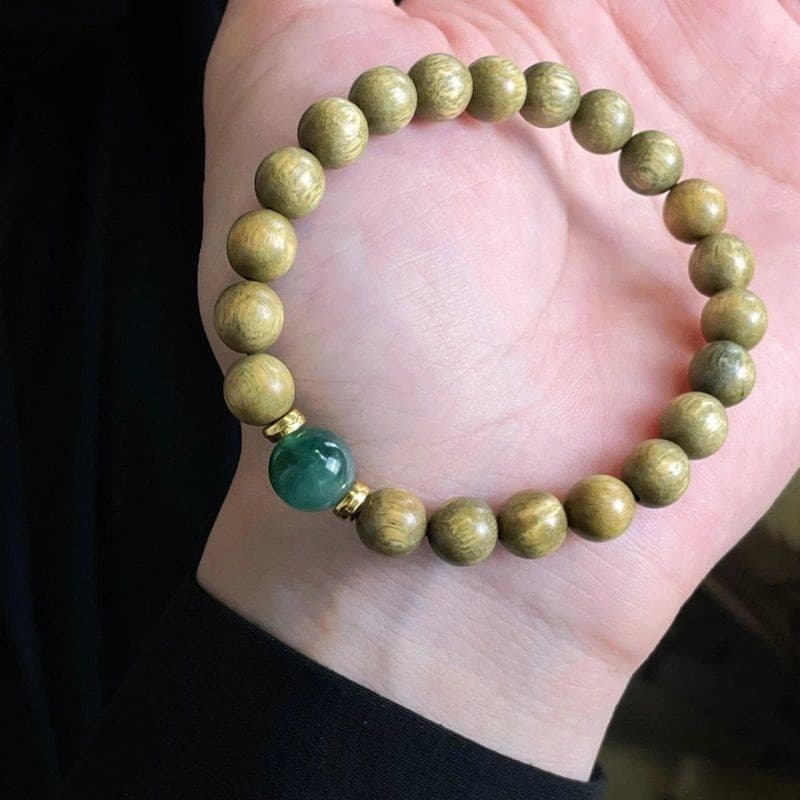 Pulseira original feita à mão em madeira de sândalo verde com ágata aquática, pulseira de madeira feminina de um só laço