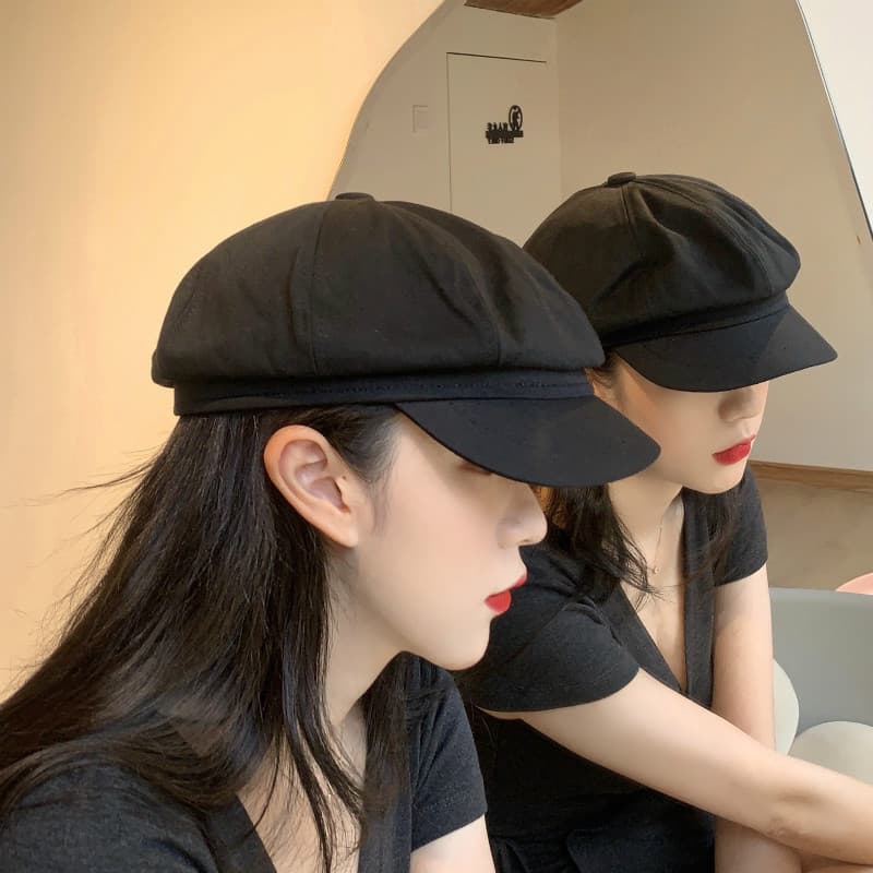 Boina octogonal preta feminina verão fino britânico Retro versão coreana influenciador na moda ins pintor japonês jornal