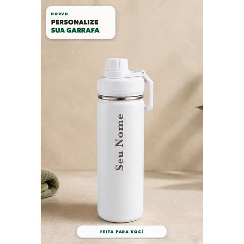 Garrafa Térmica Inox 570ml Personalizada com Nome e Ícone Branca, Squeeze Academia, Trabalho, Viagem e Presente