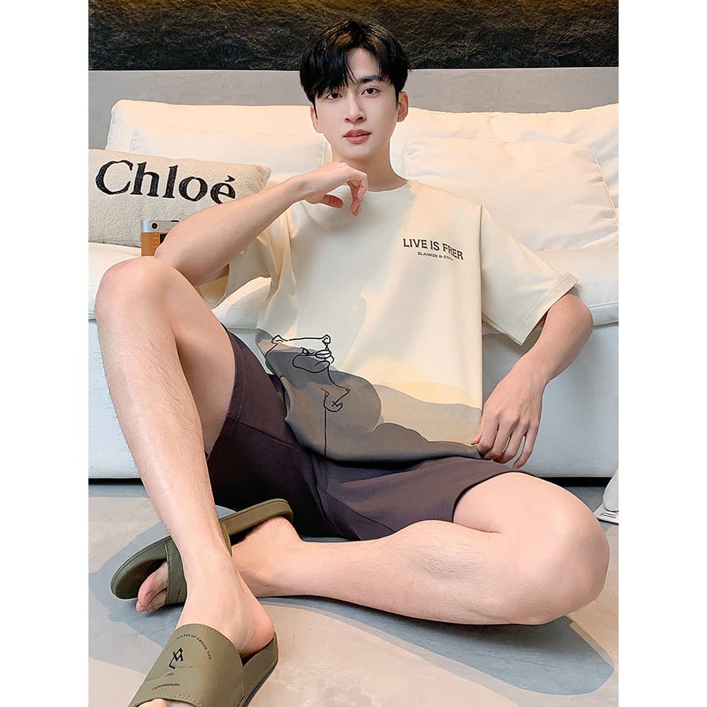 2025 novo estilo de verão pijamas masculinos pulôver juventude manga curta puro algodão verão exterior Wear Homewear ter