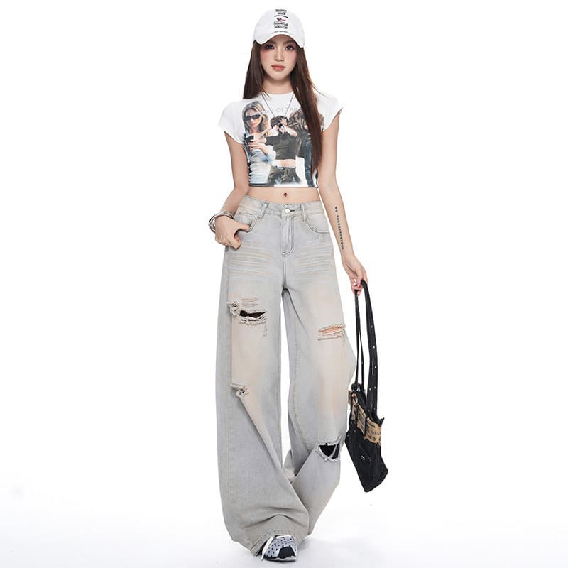 2026 primavera verão novo estilo de perna larga pintura rasgado calças Jeans femininas calças de perna reta calças Jeans