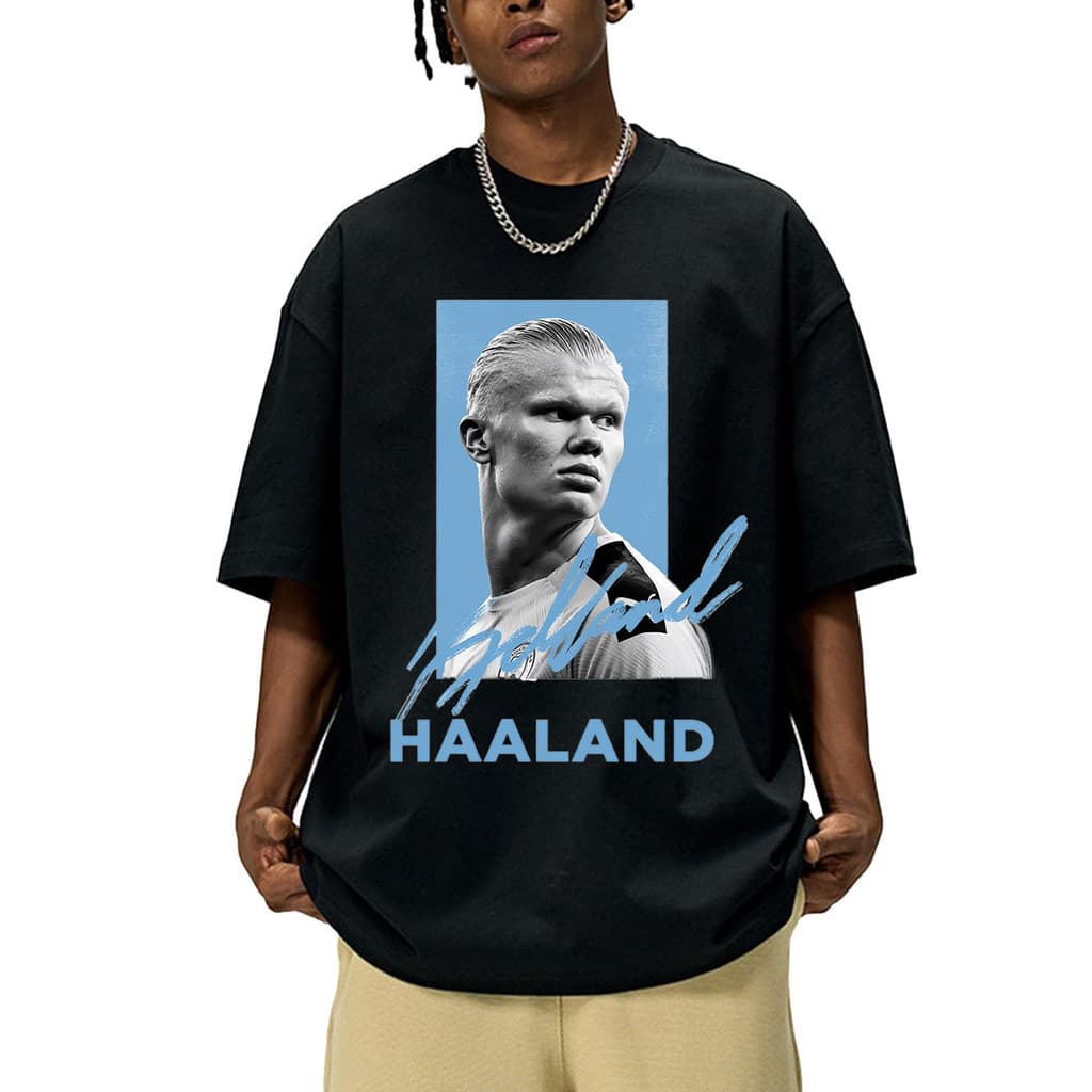 Camiseta Haaland Manchester City - Algodão Manga Curta Estilo Torcedor, Unissex, 100% Algodão Premium, Preta e Branca, T