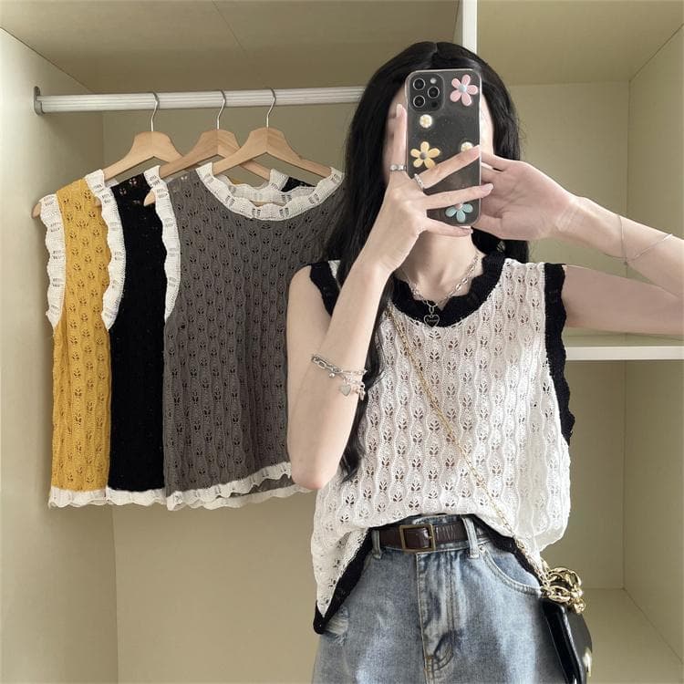 2025 verão Casual versão coreana Design estilo tridimensional crochê preto branco contraste cor oco em torno do pescoço