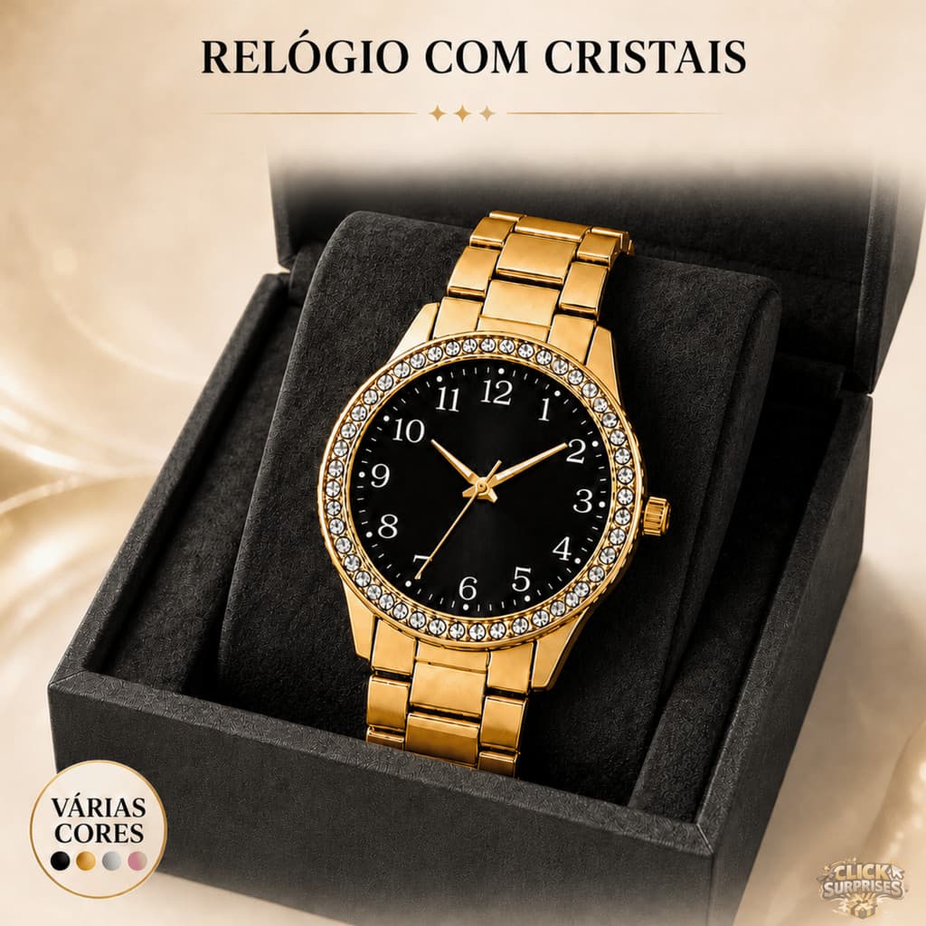 Relógio Feminino de Pulso com Cristais Pulseira Metálica Dourado Prata Rosé Preto Elegante
