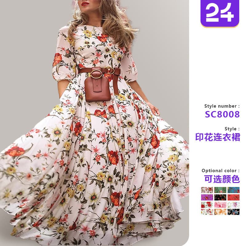2026 primavera outono novo estilo vestido transfronteiriço impresso grande balanço elegante Chiffon Floral fino-ajuste s