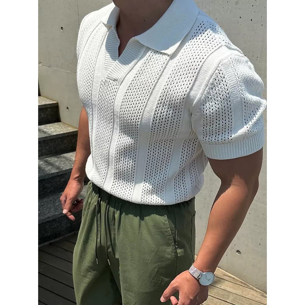 Camisa Polo de malha oca branca masculina verão na moda negócios Commuter respirável All-Match solto meia manga camiseta