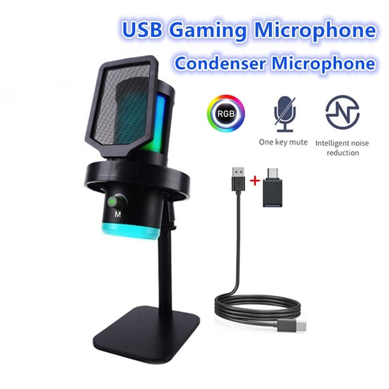 RGB USB Gaming Mic Microfone Condensador Com Fio Redução De Ruído Para Gravação De Transmissão Ao Vivo De Telefone PC