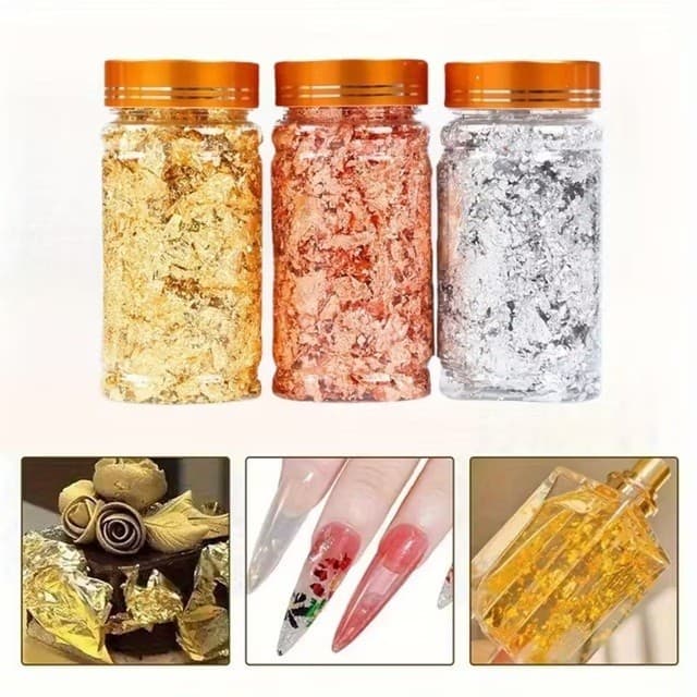 Kit 1 / 2 ou 3 Potes Folha de Ouro, Prata e Rose Gold Resina Epóxi Decoração de Unhas Encapsulamento