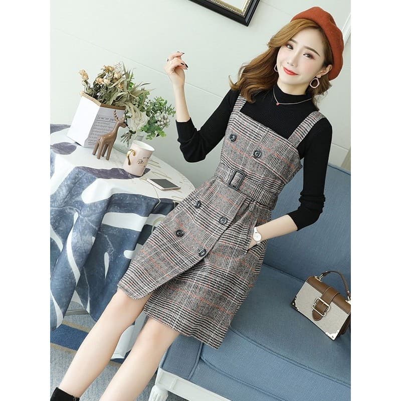 Outono inverno francês novo estilo pequeno estilo perfumado estilingue saia de lã xadrez cinta vestido terno de duas peç