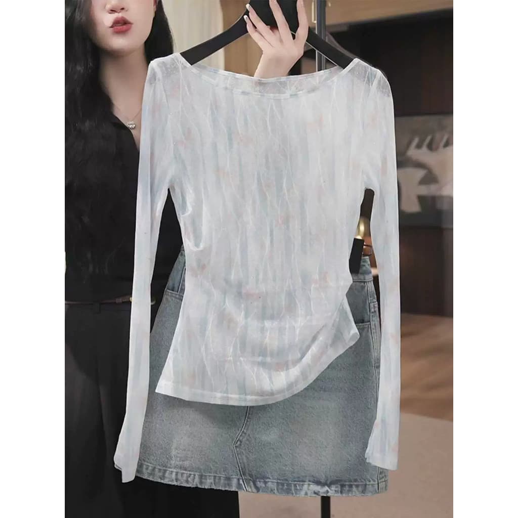Gaze branca de cintura estreita manga comprida camiseta feminina verão fino protetor solar blusa 2026 novo Casual All-Ma