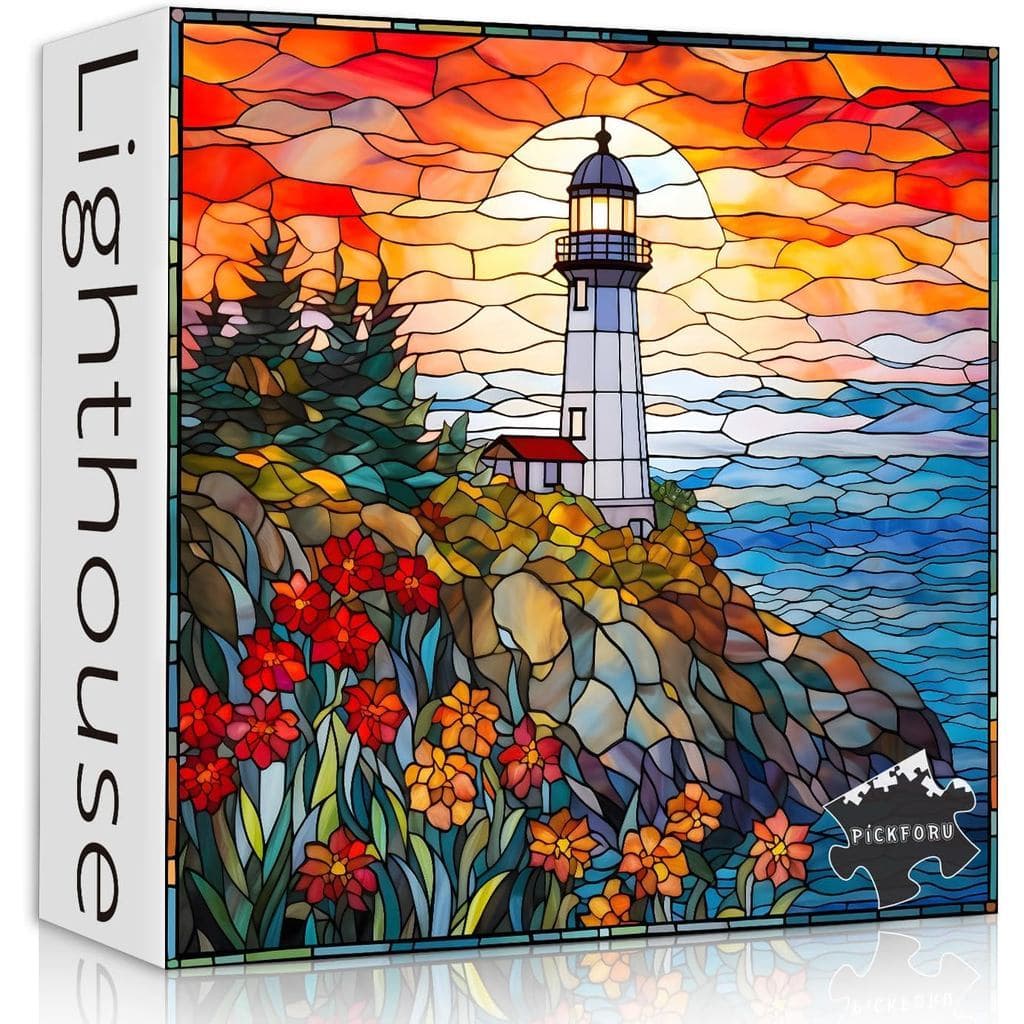 Farol de vitral adulto quebra-cabeça de madeira 1.000 peças, quebra-cabeça de madeira de praia em mosaico, quebra-cabeça