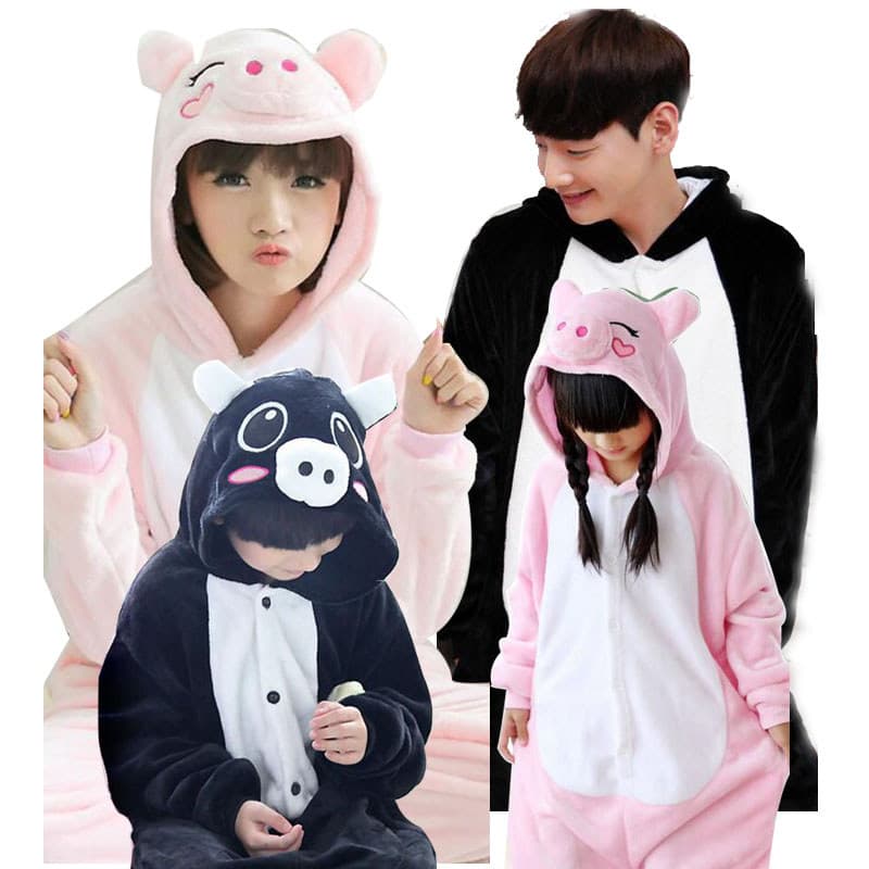 Preto rosa porco dos desenhos animados pijamas de uma peça das mulheres dos homens Anime bonito crianças engrossado adul
