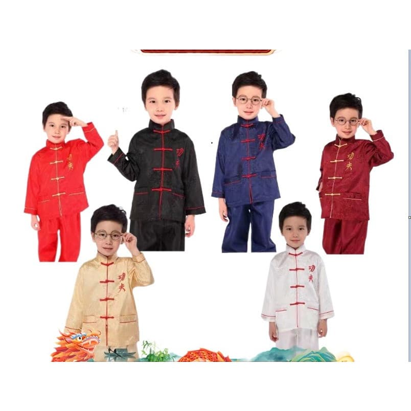 Traje de Kung Fu Bordado para Meninos, Manga Longa e Calças, Roupa para Apresentação de Ano Novo, Tamanho Asiático NKFF
