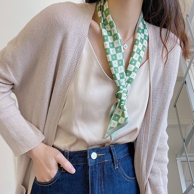 Primavera outono xadrez pequeno lenço de seda feminino combinando camisa laço de cabelo faixa de cabelo saco fita terno