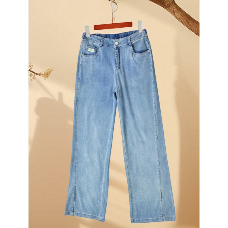 Desconto na marca Tencel calças de chão feminino cintura alta fenda estreita calças retas Jeans feminino Lyocell estilo
