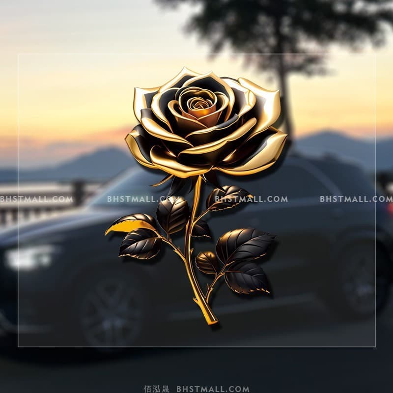 Adesivo Decorativo Refletivo Criativo Preto e Dourado com Rosa para Carro, Moto Elétrica, Janela, Carroceria, Capa Prote