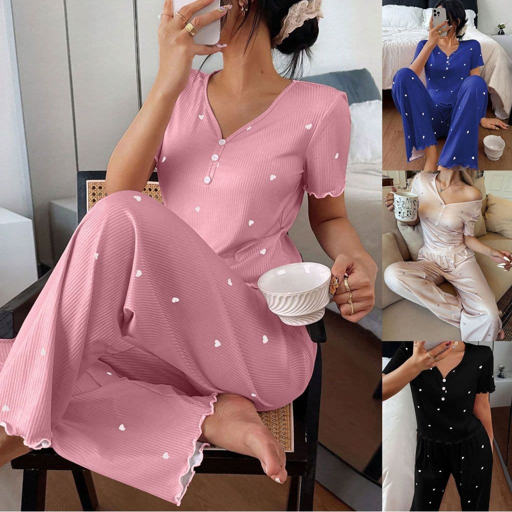 Senhoras pijamas de manga curta amor Pit Strip calças Casual moda Homewear terno feminino