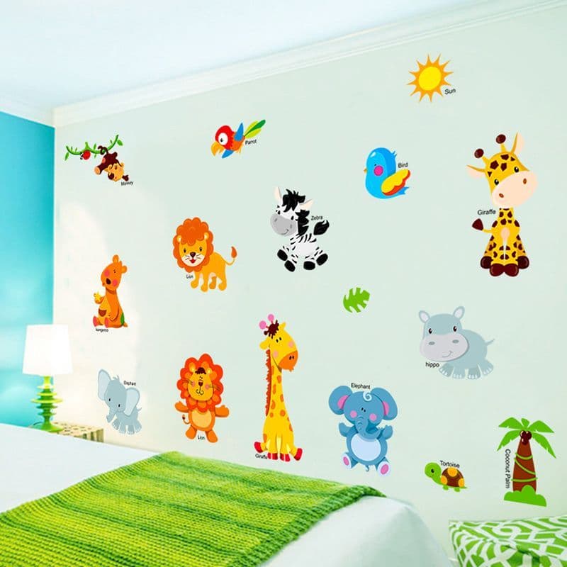 Adesivos de parede fofos de animais pequenos, desenhos animados, decoração de quarto de bebê, porta de armário, jardim d