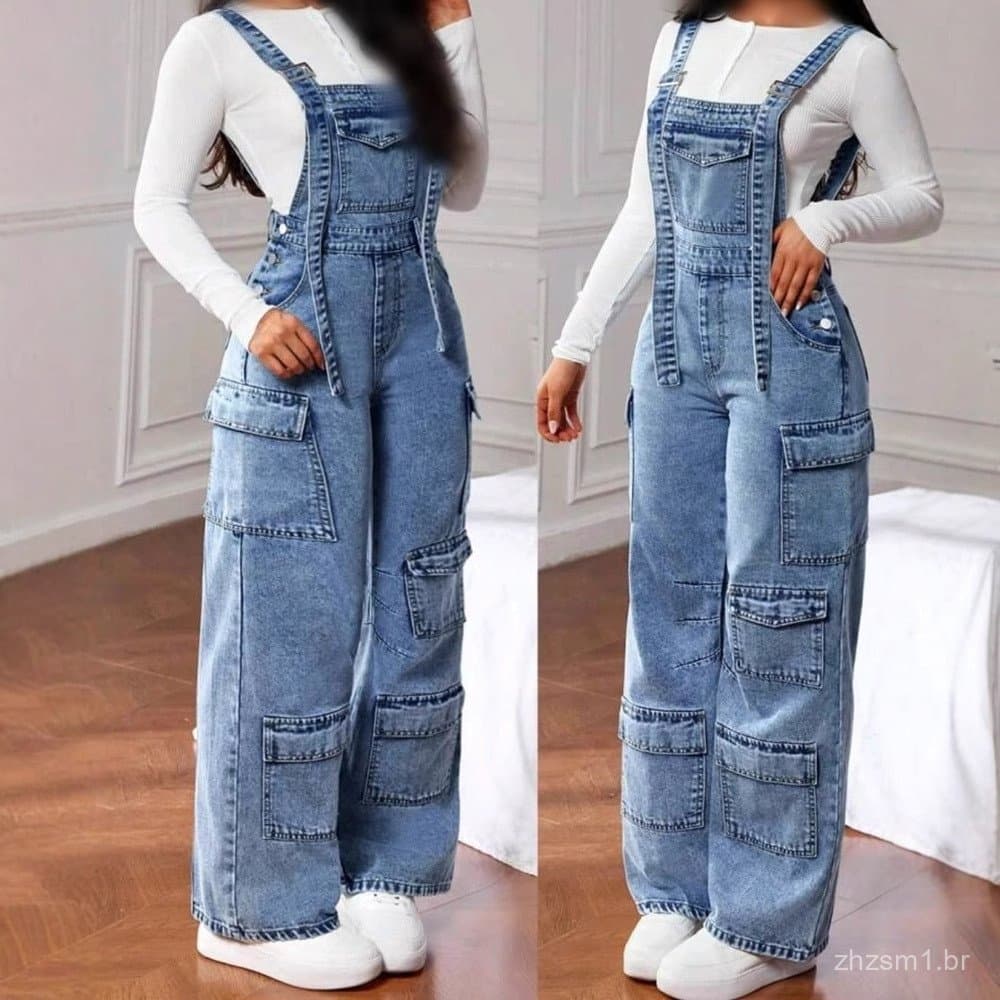 Calças jeans femininas, calças de denim, macacão, calças cargo de perna larga com vários bolsos no atacado
