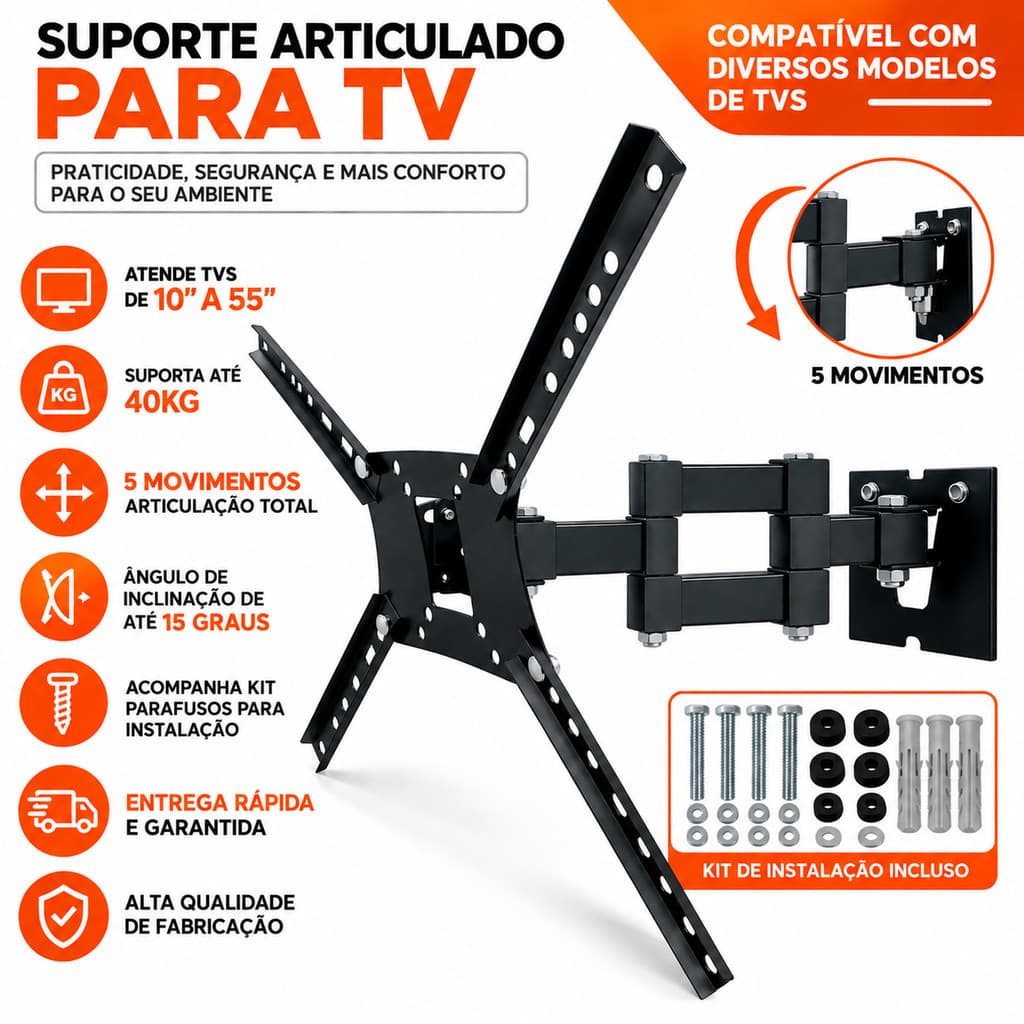 Suporte Articulado De Parede Para Tv universal até 55 Polegadas