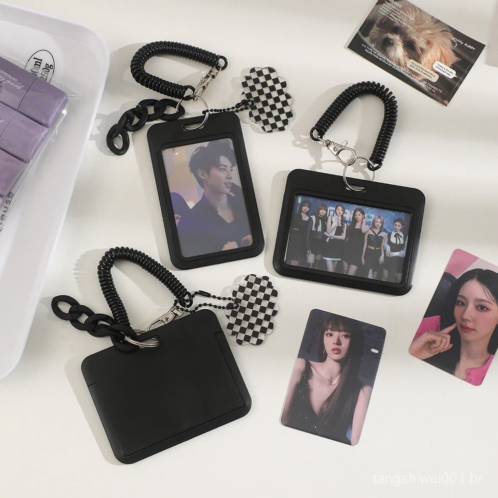 Porta-Cartões De Identificação De Estudante Preto Minimalista Com Exibição De Fotos E Chaveiro , Capa De Proteção Anti-P