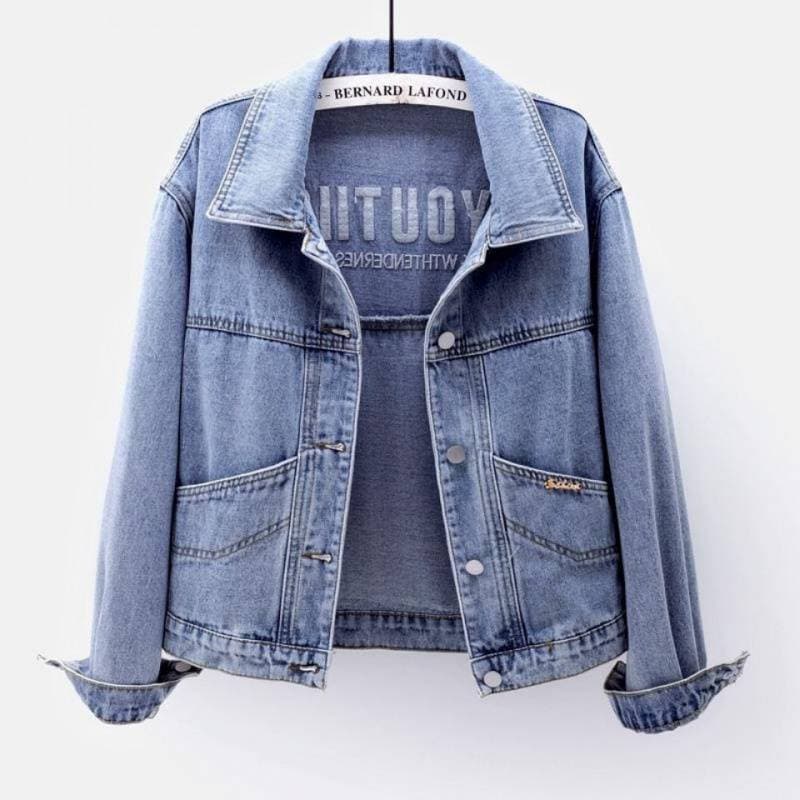 Jaqueta jeans bordada feminina primavera novo estilo cor clara denim jaqueta curta feminina versão coreana solta mais ma