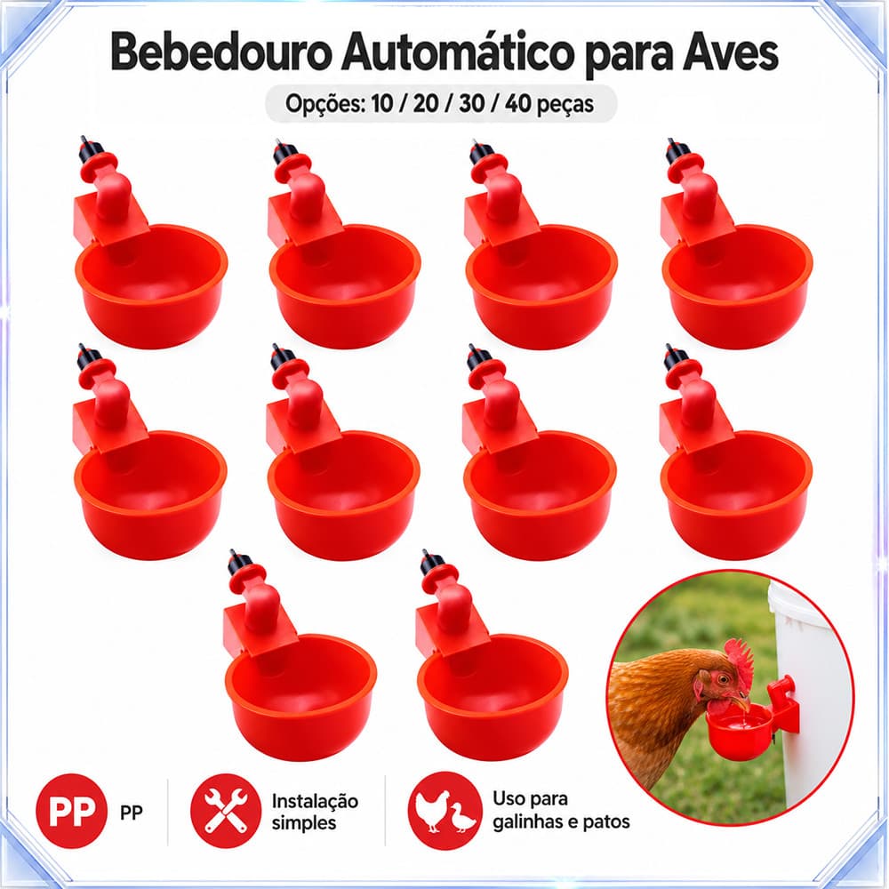 10/20/30/40 Tigela Automática Vermelha Material PP Fácil Instalação Adequado para Frango, Pato, etc.