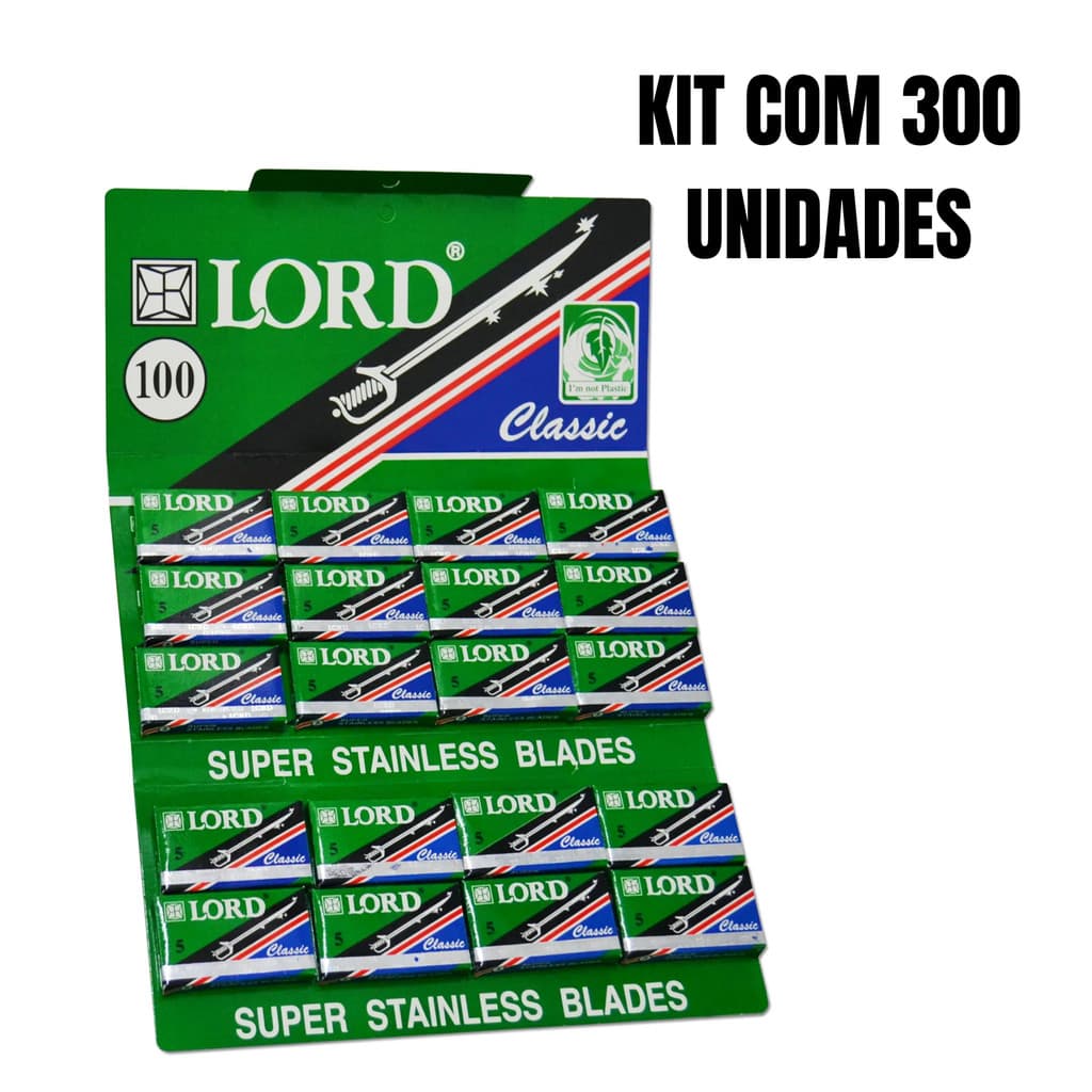 Kit Com 300 Lâminas de Baberar Lord Classic Verde Profissional Cartela