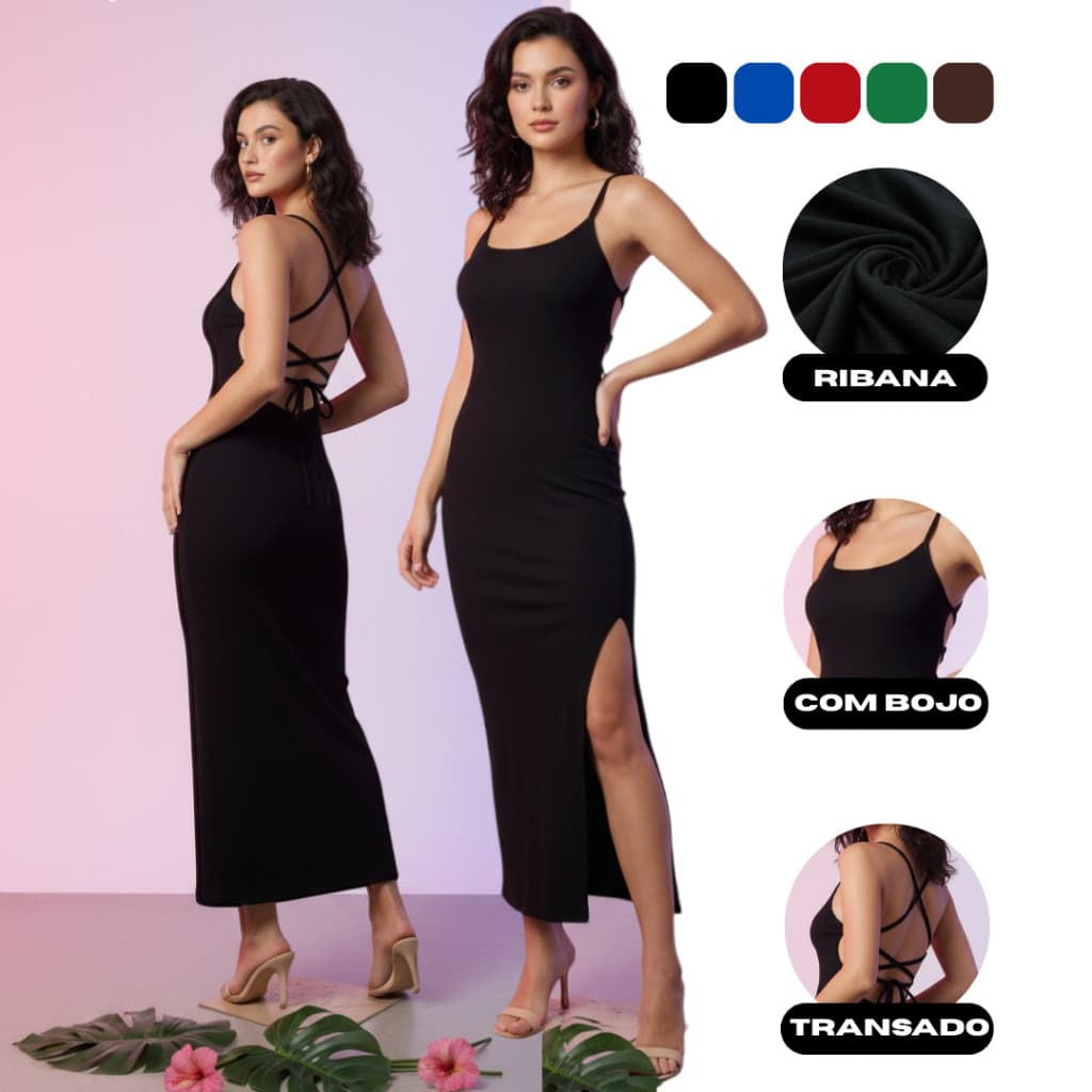 Vestido Longo Feminino Ribana Elegante Transado Com Fenda na Lateral Empina Bumbum Festa